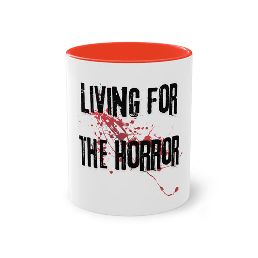 Horror-Themed Two-Tone Coffee Mug, Living for the Horror, Halloween Gift, Unique Coffee Cup, Horror Lover's Mug, Spooky Drinkware